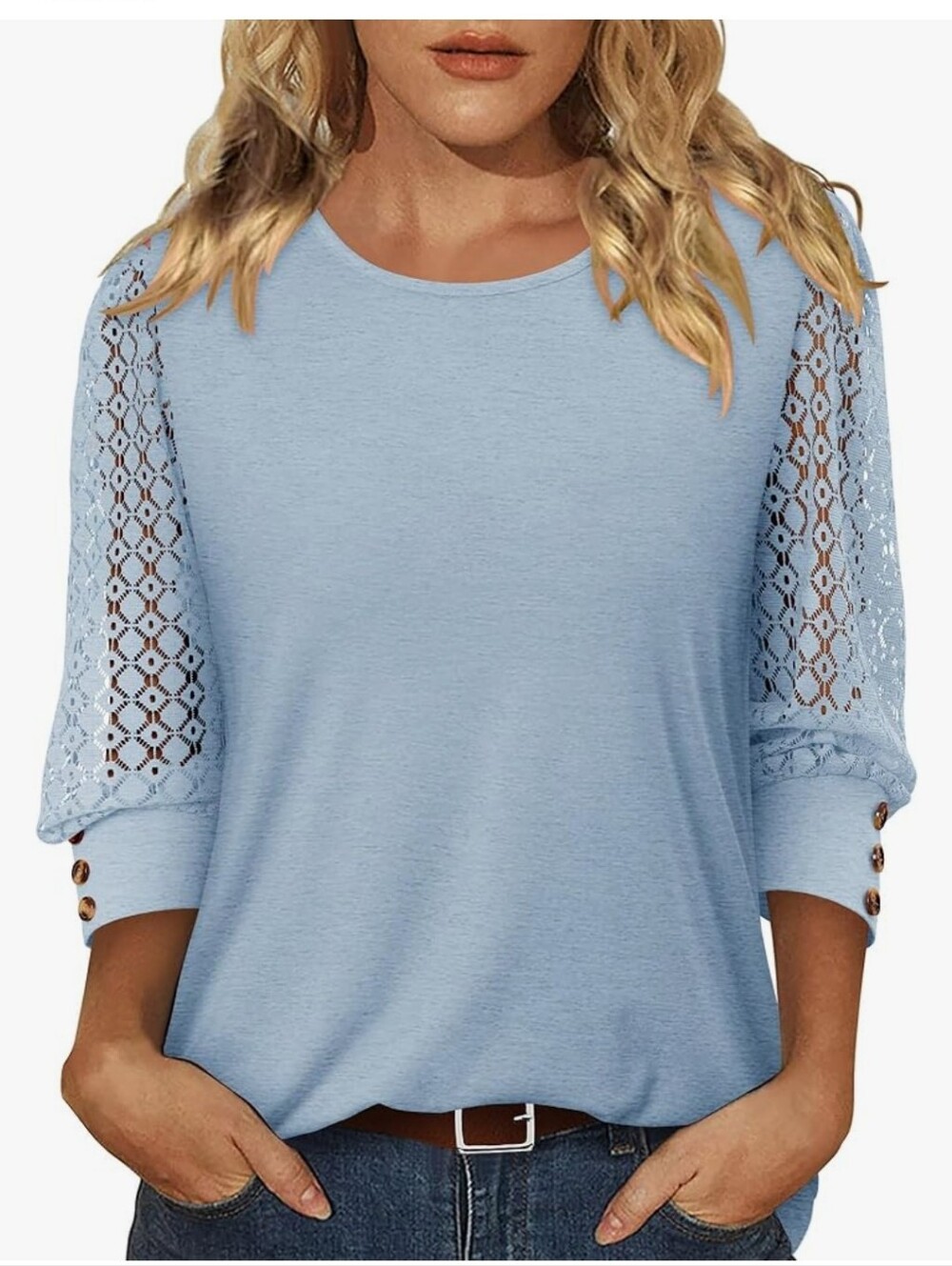 Light Blue Lace-Sleeve 3/4 Top - Women